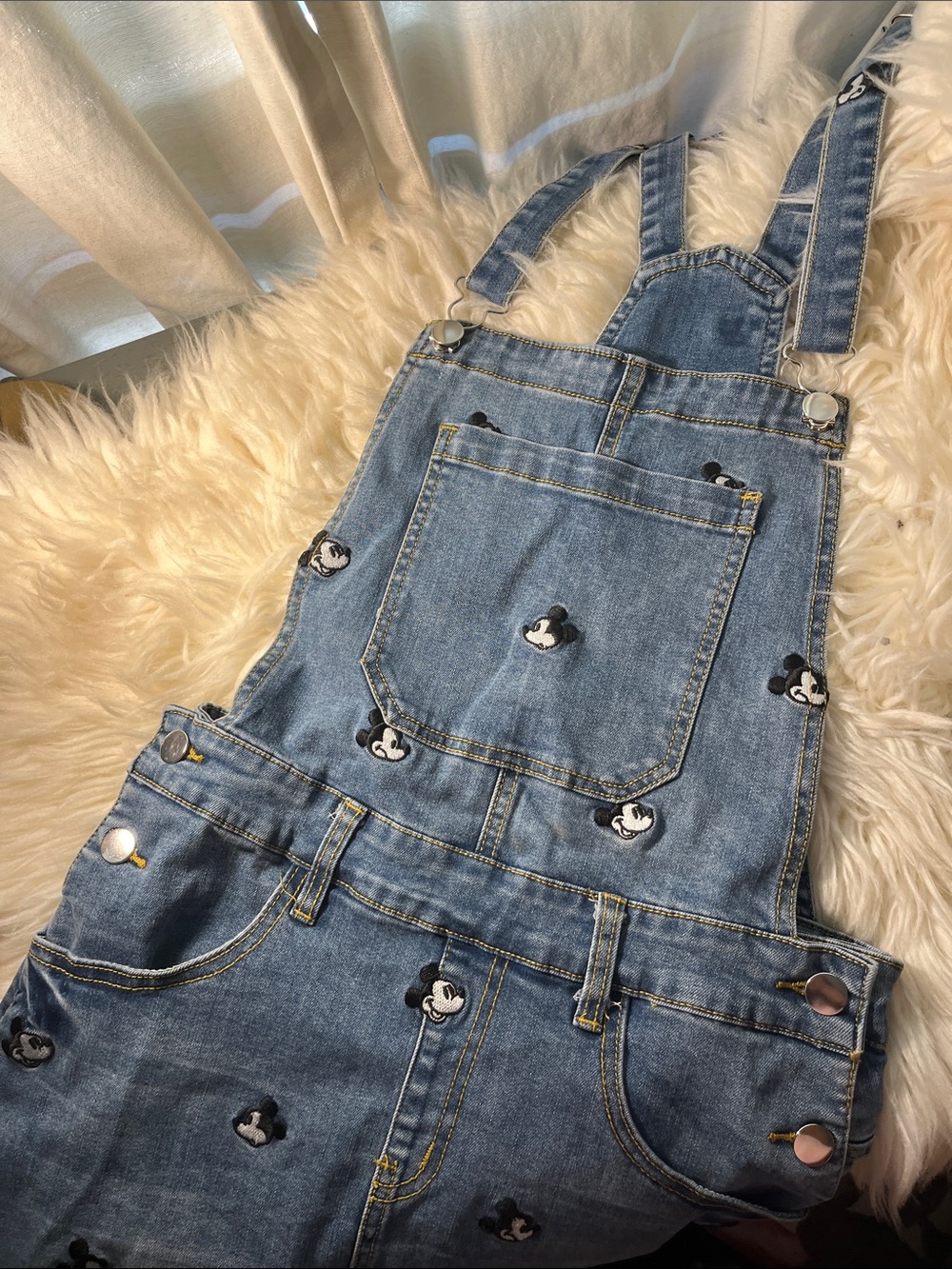 Blue Denim Women’s Overalls with Embroidered Mickey Motifs